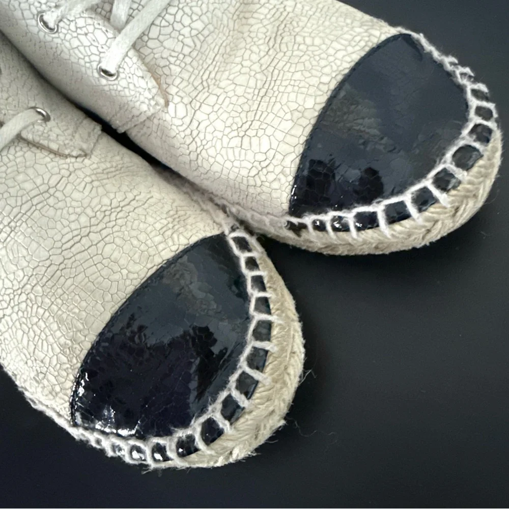 Chanel Two Tone Crackle Leather CC Logo Espadrille Lace Up High Top Sneakers